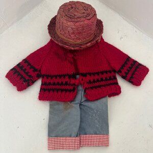 Vintage Doll Outfit Red Sweater Gingham Clam Digger Pants & Straw Hat Brand